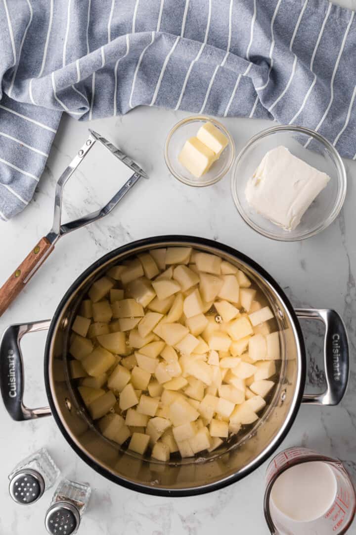 diced potatoes in the water ready to boil.
