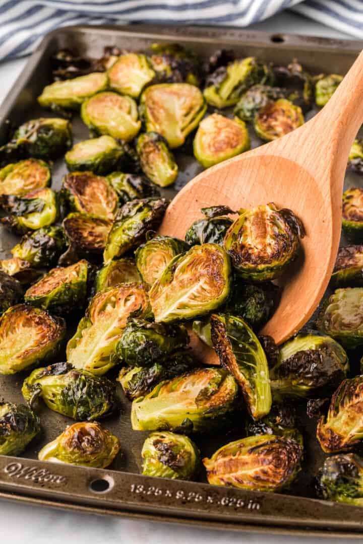 Roasted Brussel Sprouts on baking sheet.