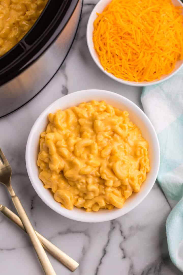 top view of mac and cheese in a white bowl.