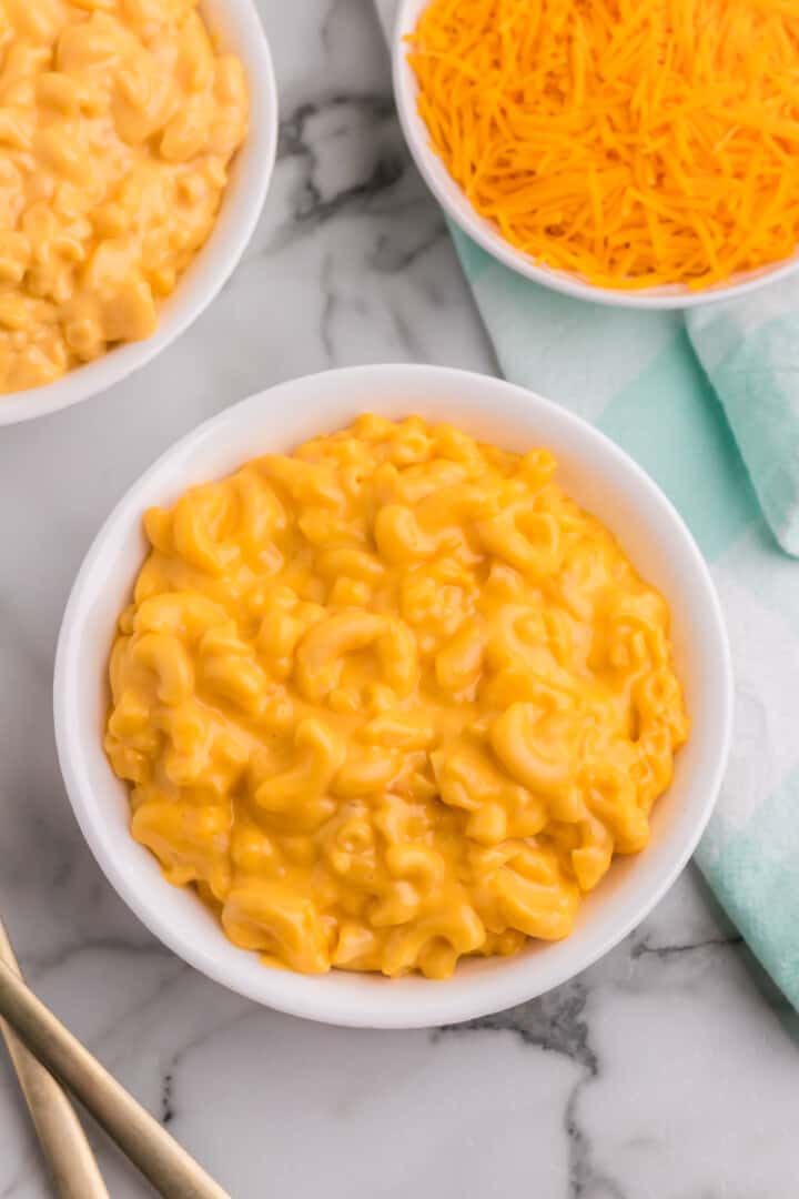 Slow Cooker Mac and Cheese in white bowl.