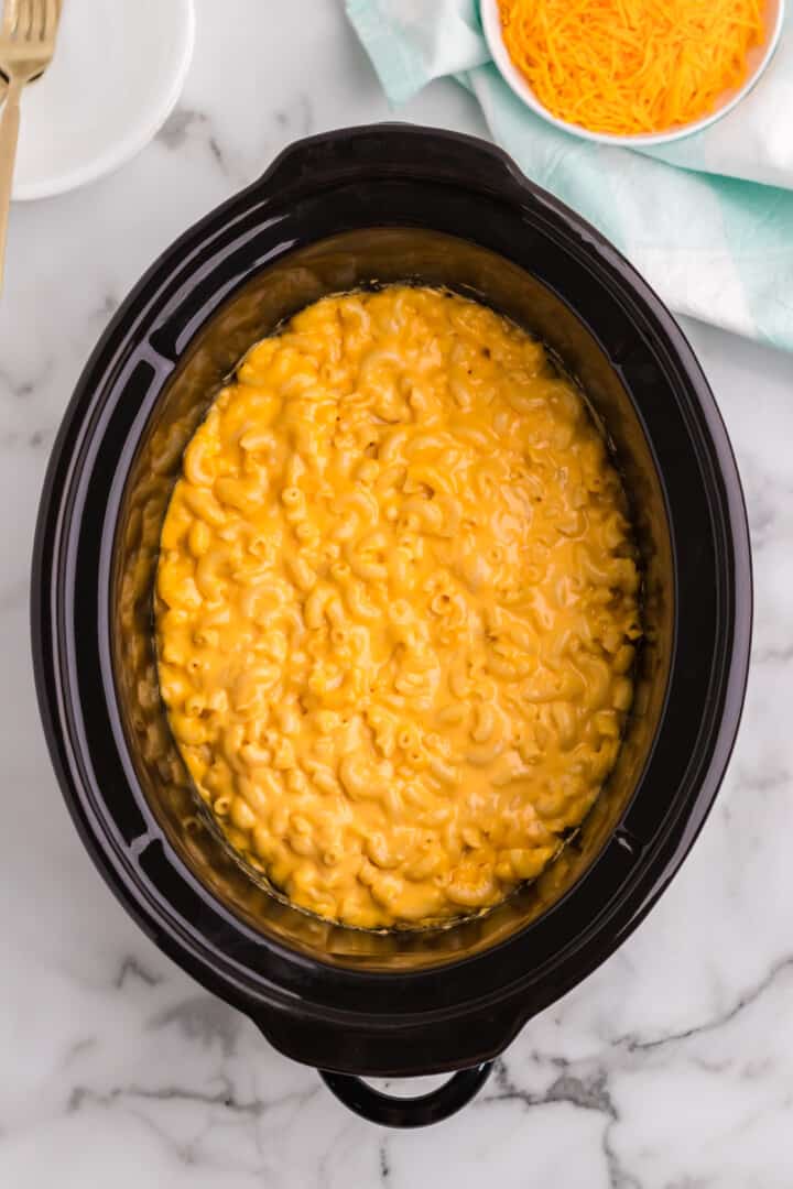 Slow Cooker Mac and Cheese finished in the crockpot.