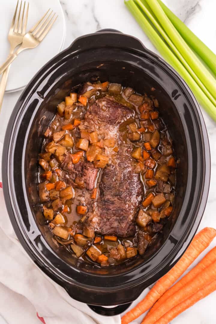 slow cooker pot roast finished still in slow cooker.