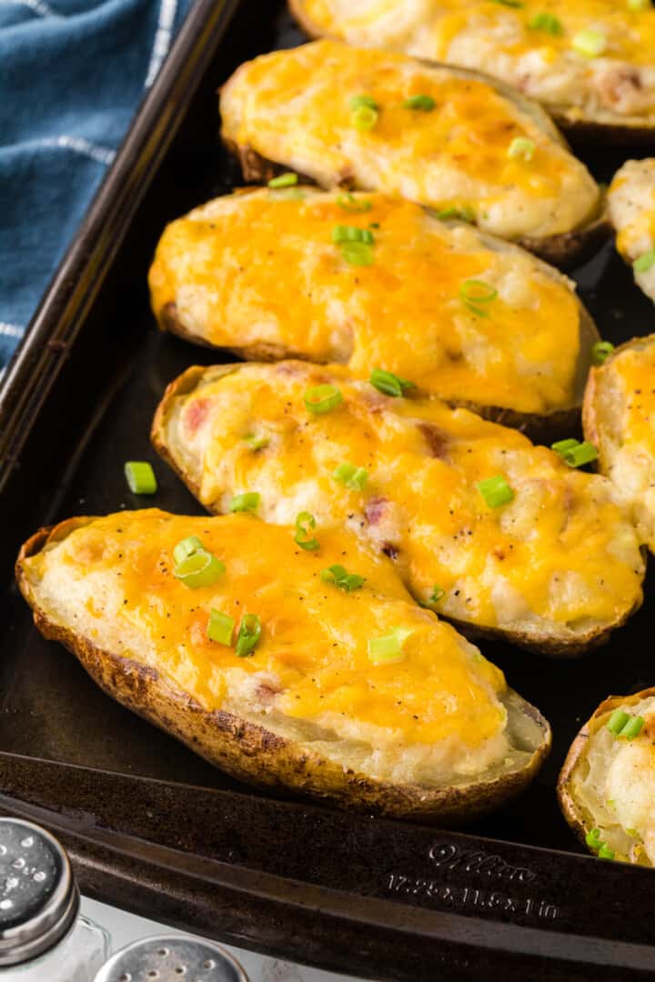closeup of Twice Baked Potatoes.