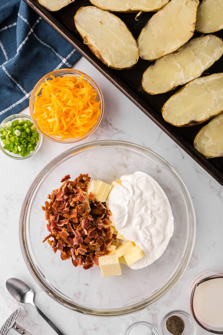 making the filling for the twice baked potatoes.