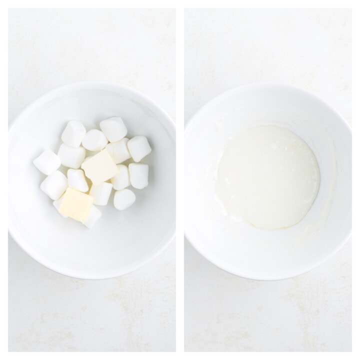 melting the marshmallows and butter in white bowl.