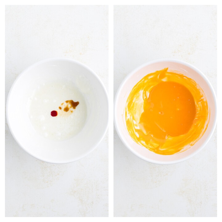adding the orange food dye to the melted marshmallows.