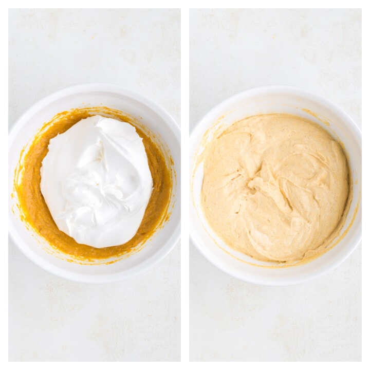 folding in the whipped topping with the pumpkin pudding mix.