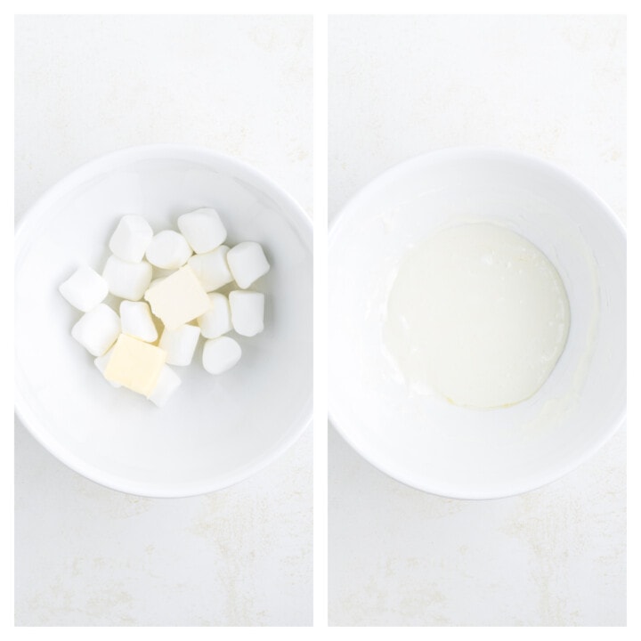 Melting the marshmallows and butter in a white bowl.