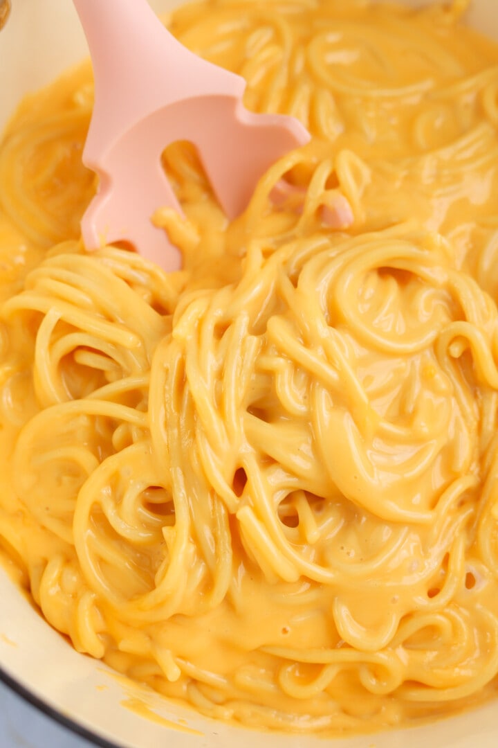 closeup of cheesy spaghetti in large pot.