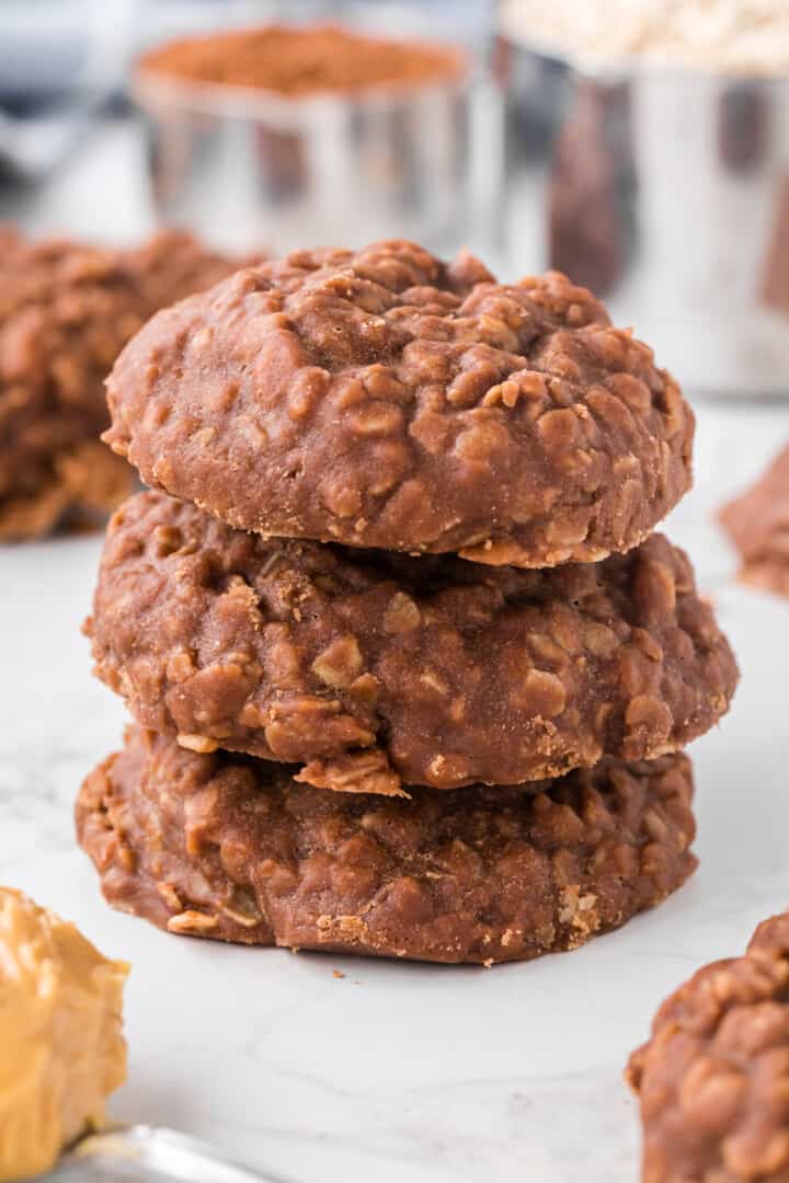 No-Bake Cookies stacked on top of each other.