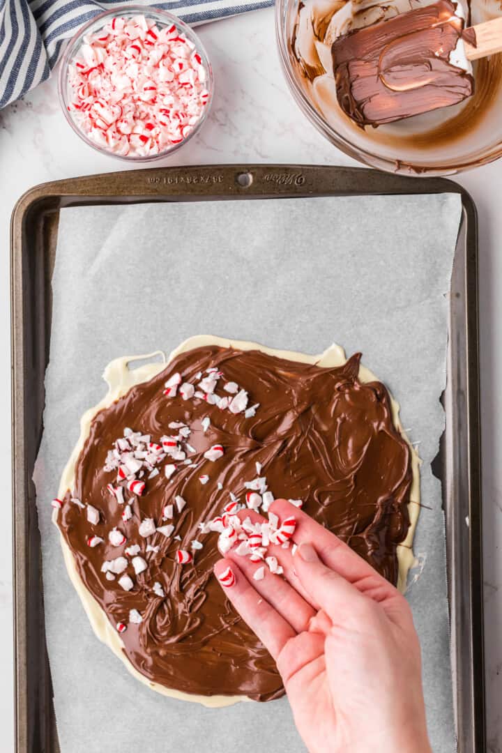 sprinkling crushed peppermints on top of the melted chocolate.