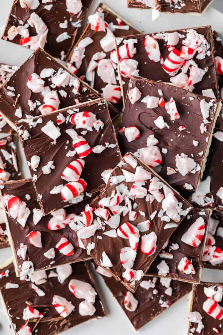 closeup of the peppermint bark squares.