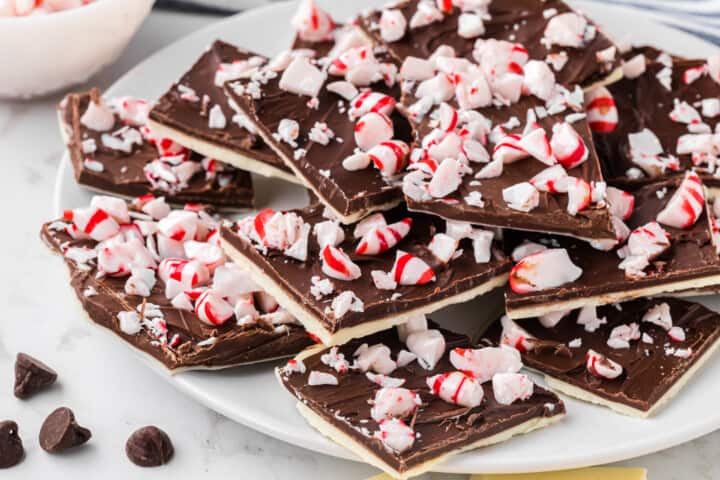 closeup of the peppermint bark on white plate.