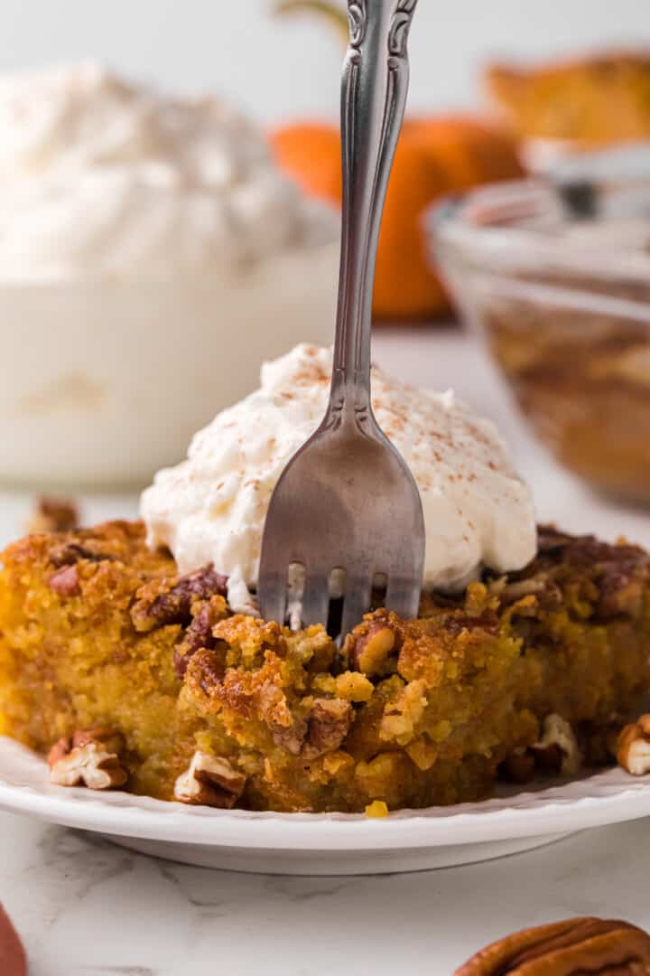 using fork to eat the pumpkin crunch cake.