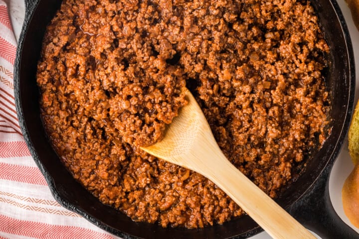 Sloppy Joe meat cooked in a skillet.