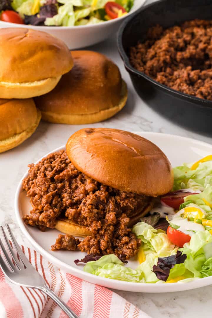 Sloppy Joe dinner on white plate with salad.