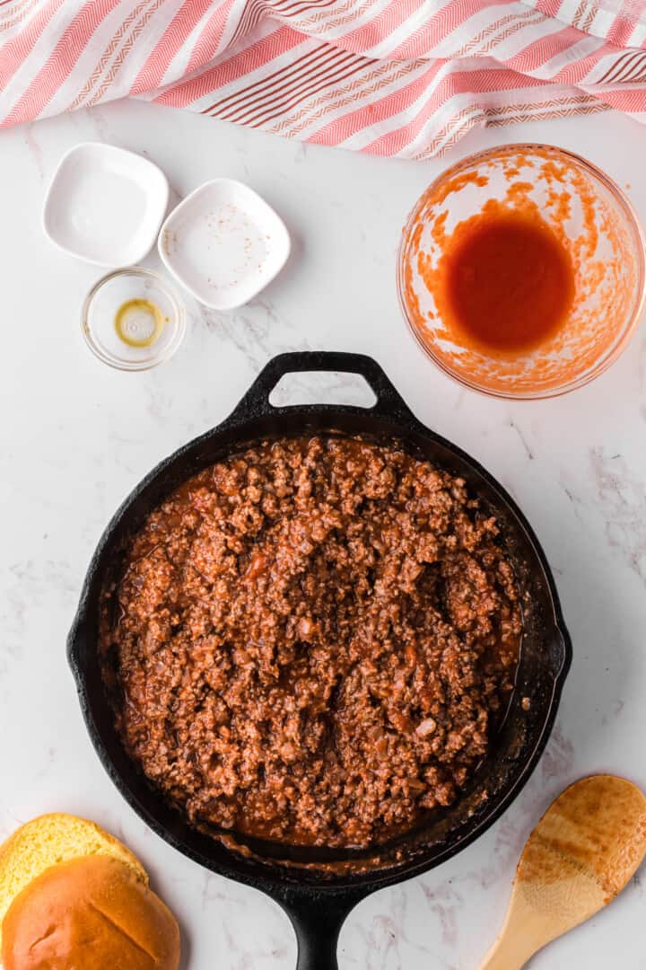 Sloppy Joe meat cooked in a skillet.