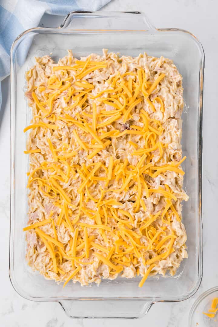 shredded cheese spread on top of the tuna casserole.