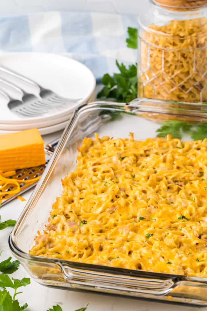 closeup of baked tuna casserole in casserole dish.