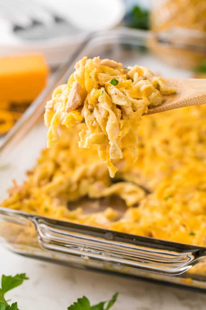 Tuna Casserole in clear casserole dish.