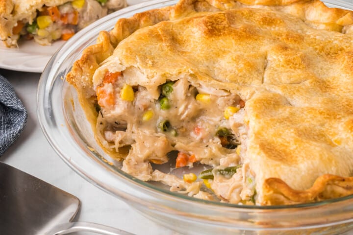 closeup of baked Turkey Pot Pie in a pie plate.