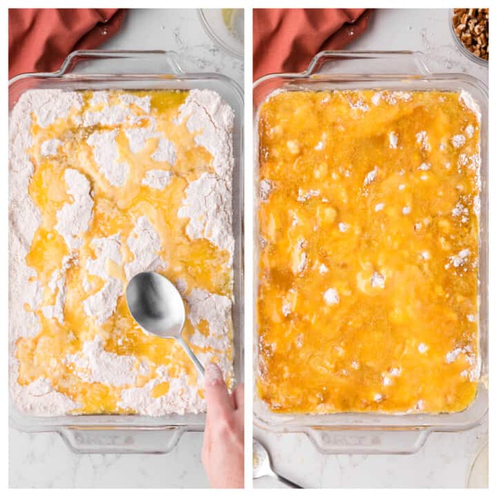 pouring the butter on top of the cake.