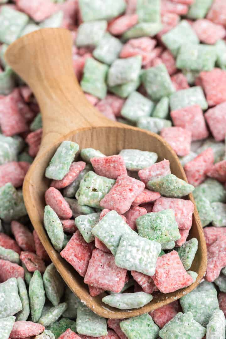 closeup of Christmas Muddy Buddies.