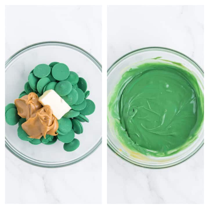 melting the green candy wafers with butter and peanut butter.