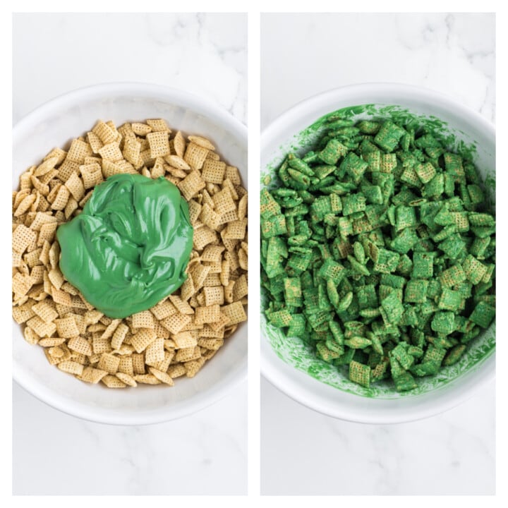 mixing the green candy with the Chex cereal.