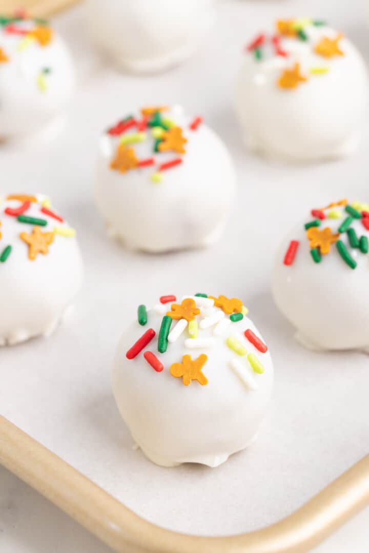 closeup of the gingerbread truffles on baking sheet.