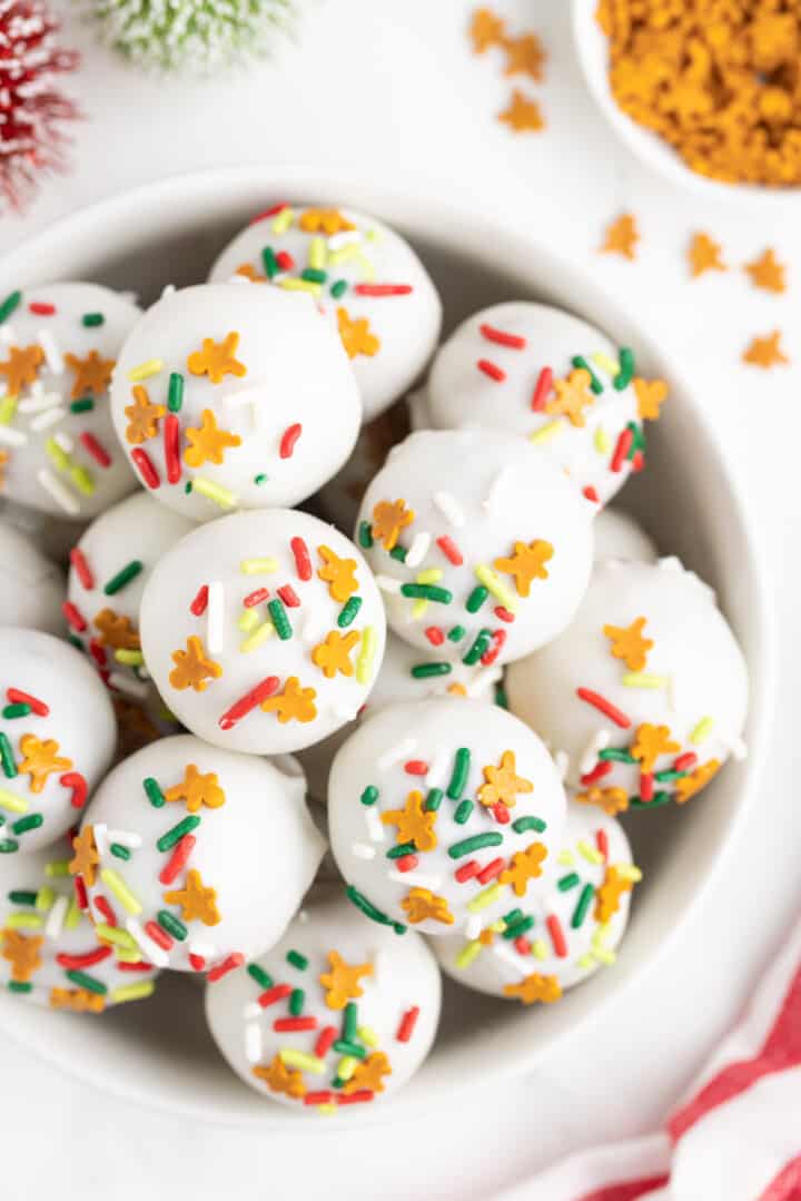 closeup of gingerbread truffles in white serving bowl.