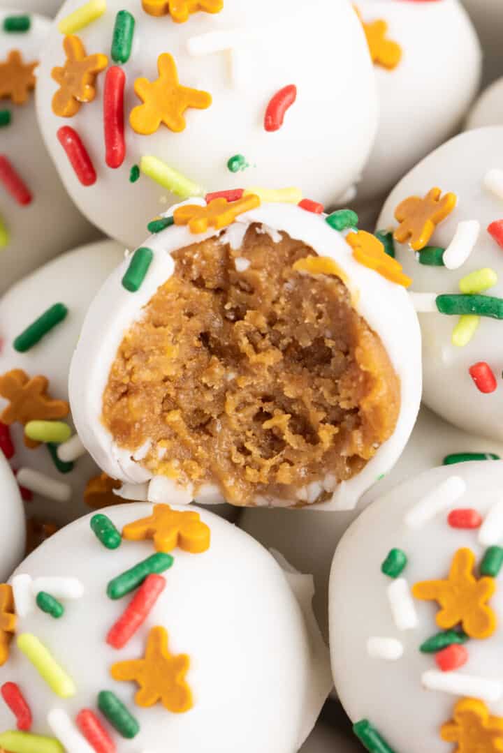 closeup of Gingerbread Truffles with one cut open to see the insides.