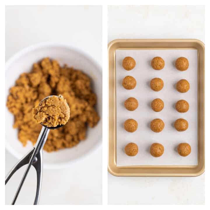 scooping and forming the cookie mix into balls.