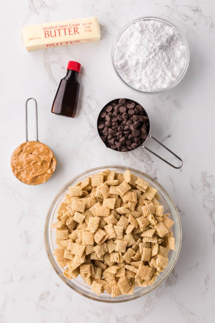 ingredients for muddy buddies.