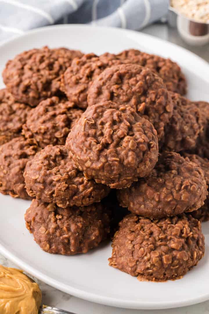 batch of No Bake Cookies on a white plate.