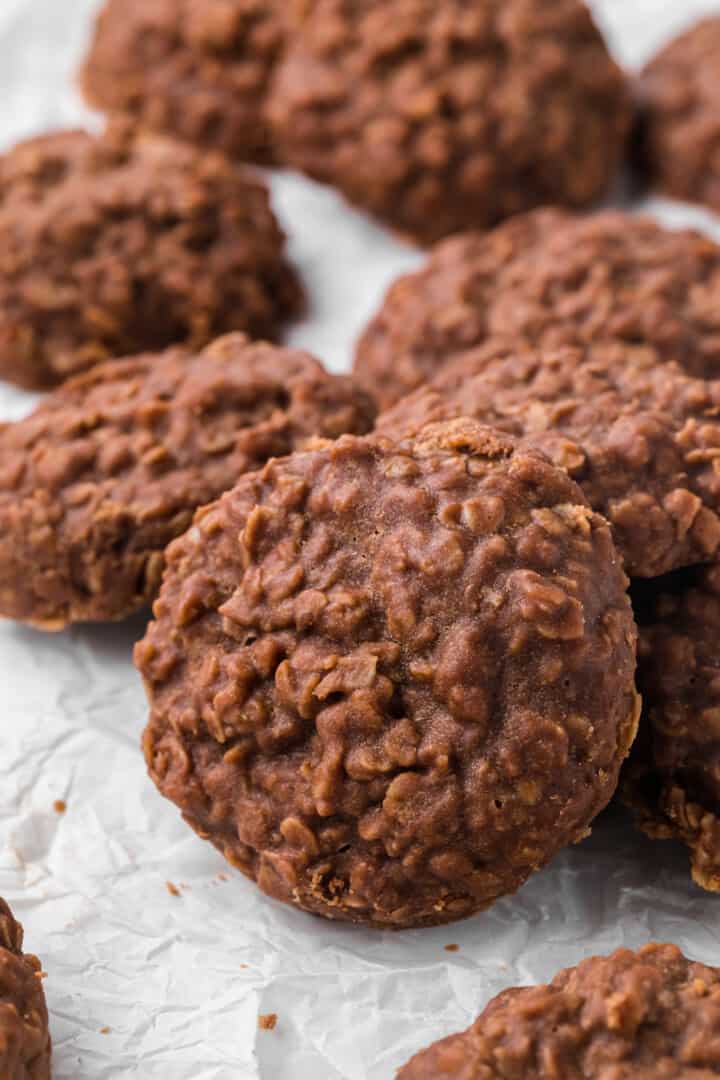 closeup of the No Bake Cookies on the parchment paper.