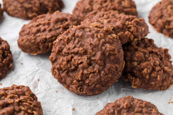 closeup of No Bake Cookies on wax paper.