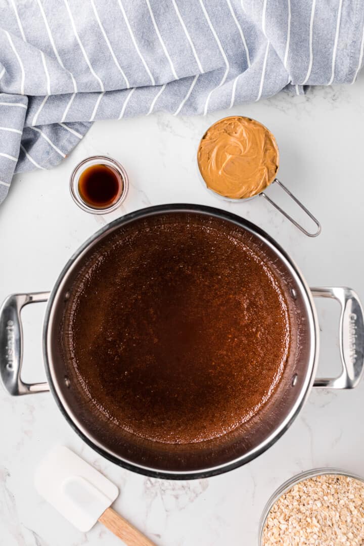 boiling the ingredients for the No Bake Cookies.