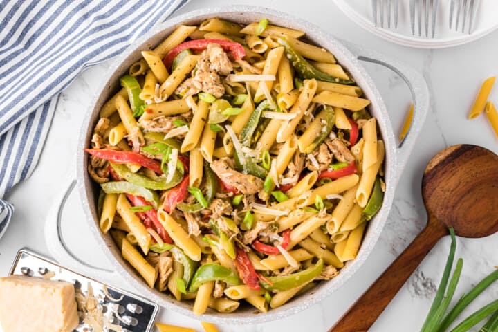 top-down view of Rasta Pasta in large pot.