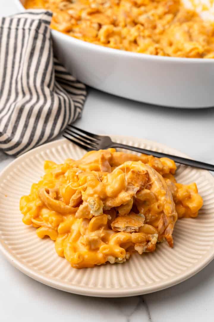 Buffalo Chicken Mac and Cheese on white plate for serving.