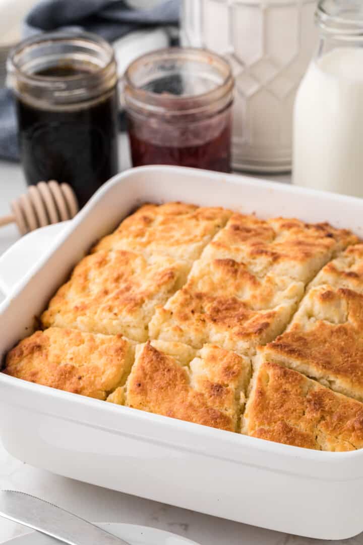 Butter Swim Biscuits in white casserole dish.