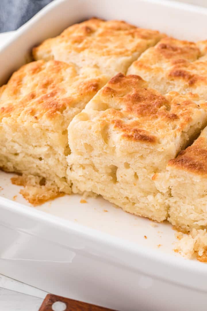 Butter Swim Biscuits baked in pan and sliced.