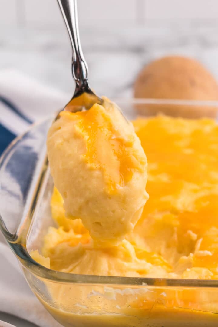 serving the Cheesy Mashed Potatoes out of the baking dish.