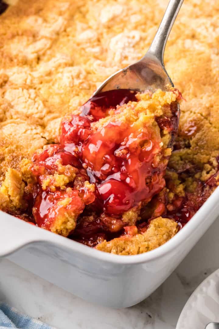 serving the Cherry Dump Cake out of the baking dish.