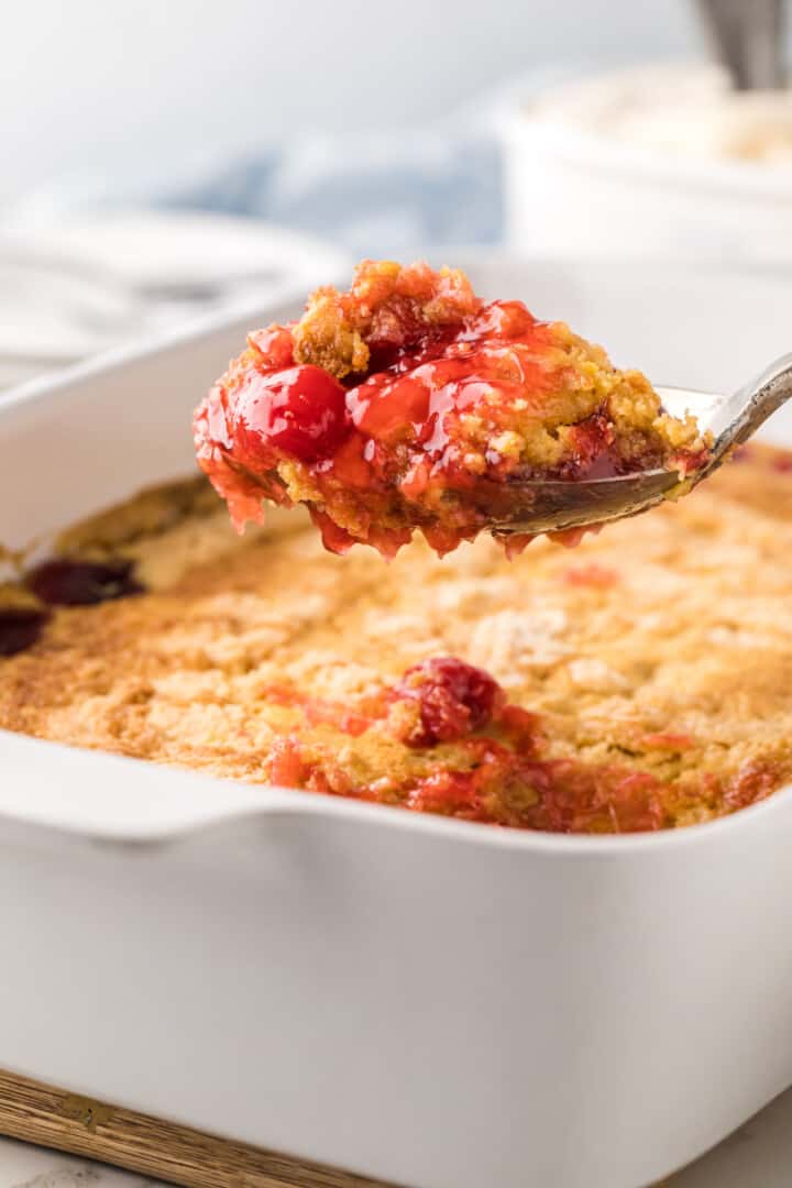 serving the Cherry Dump Cake out of the baking dish.