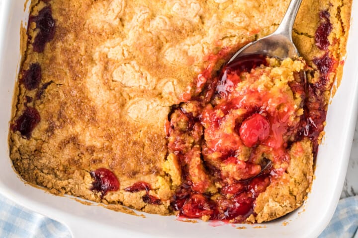 closeup of the baked Cherry Dump Cake.