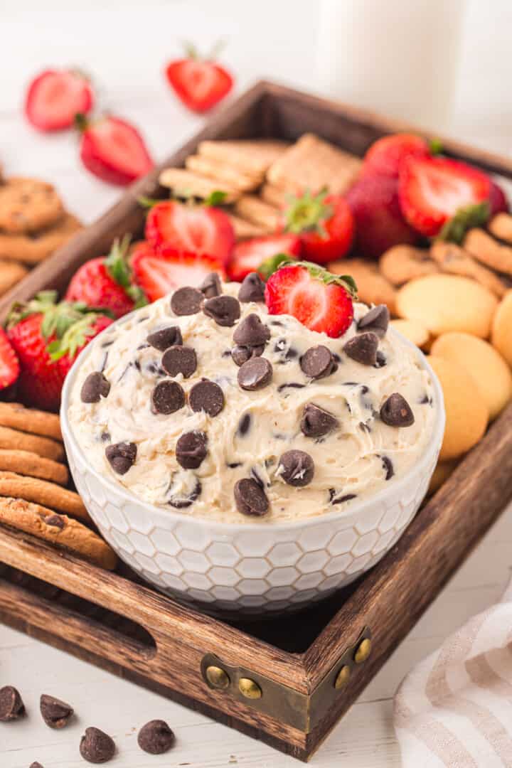 Cookie Dough Dip on serving tray with dipping options. 