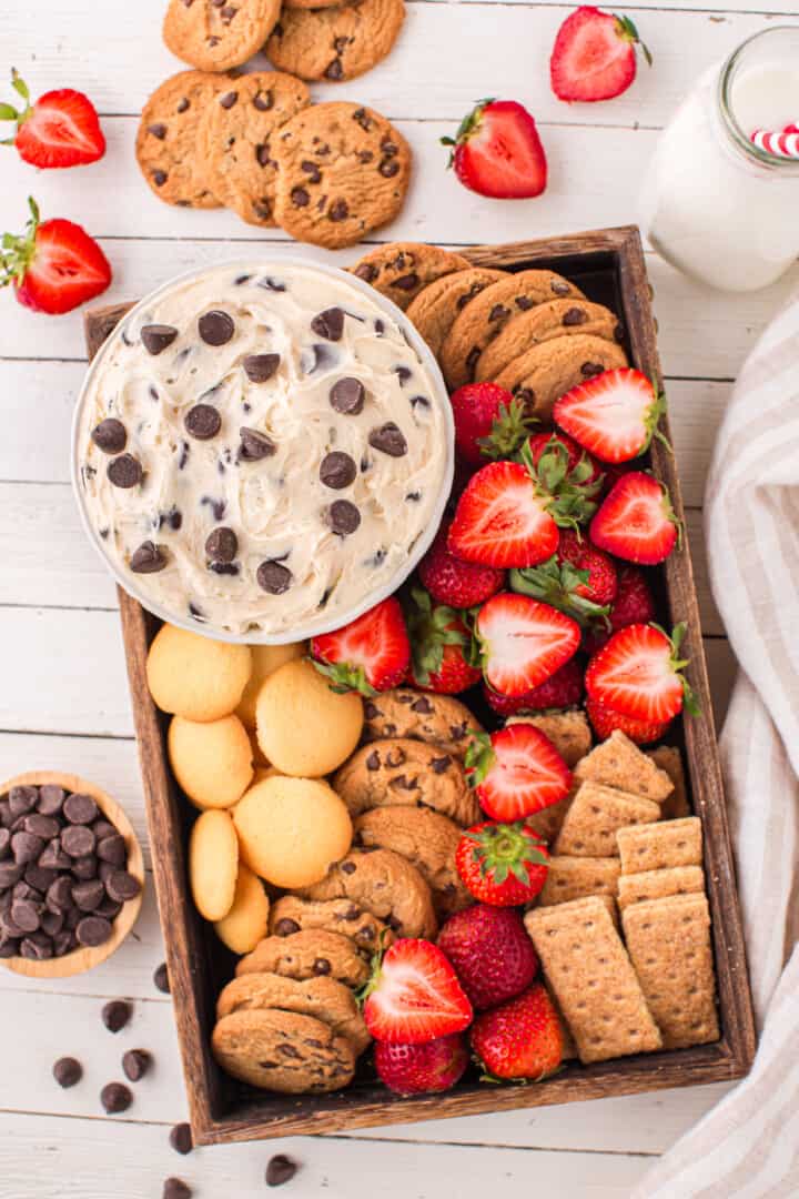 Cookie Dough Dip on serving board with dipping items.