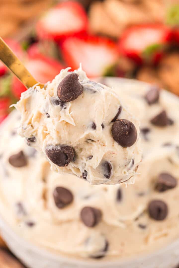 closeup of the Cookie Dough Dip on a spoon.