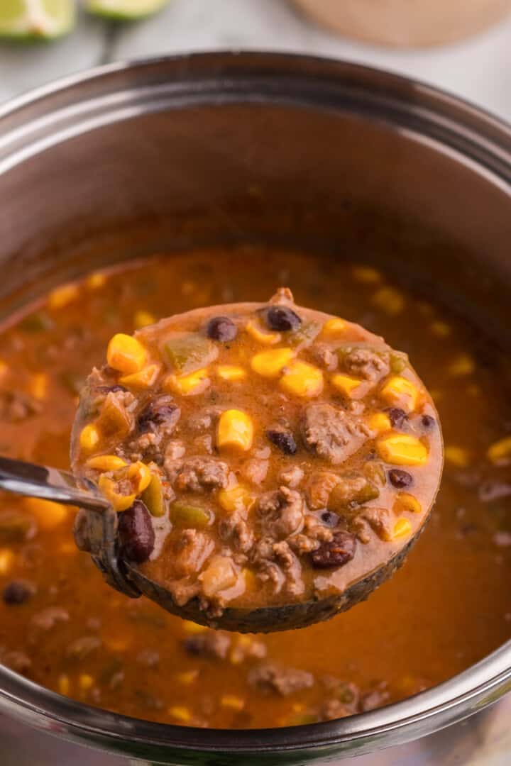 using ladle to serve the taco soup.